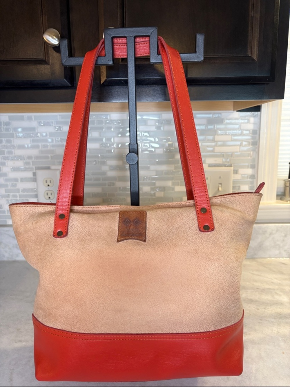 Infinite Leather & Crafts Made in Ethiopia beige and Orange Leather Tote